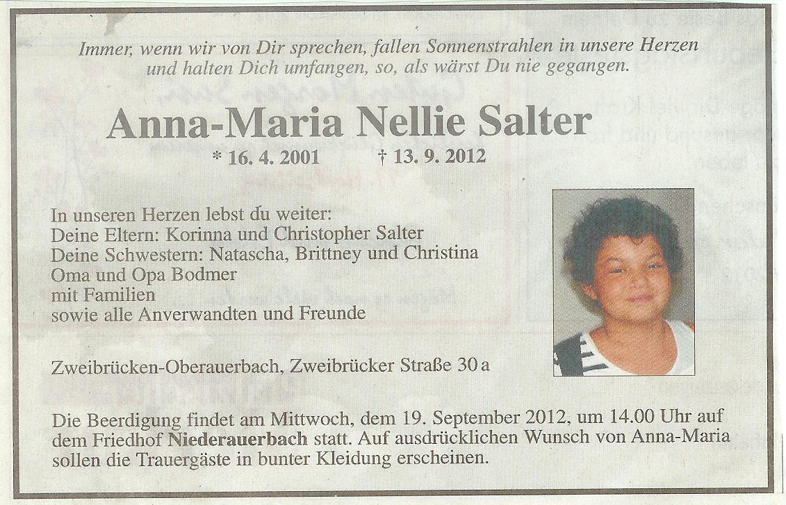 Wir trauern um Anna-Maria Salter