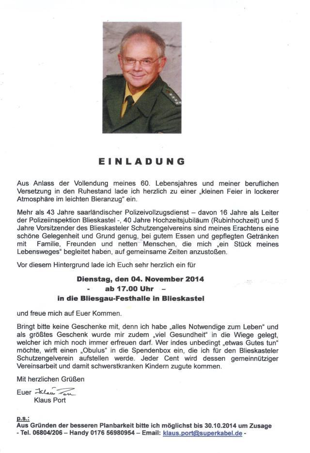 Einladung zur Verabschiedung und zum 60. Geburtstag von Klaus Port