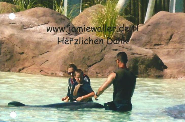 Das Foto zeigt, wieviel Freude Jamie bei seiner letztjährigen Therapie mit den Delfinen und den Betreuern hatte